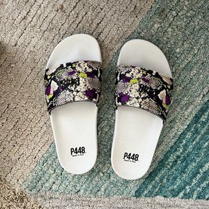 P448 slides sandals womens black purple lime print 8.5